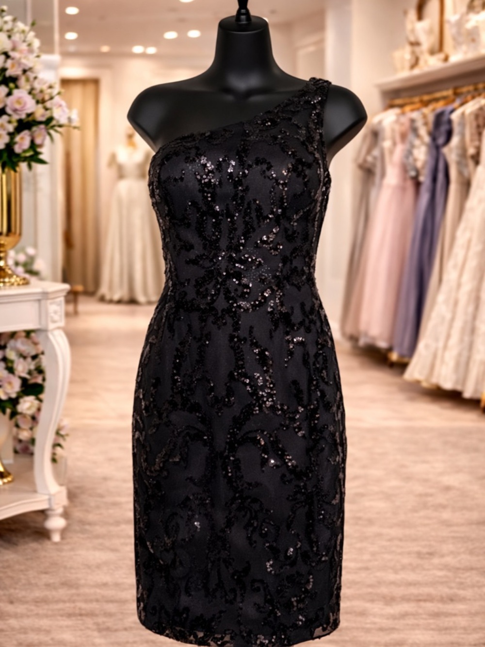 Black Sequin One Shoulder Cocktail Dress, Size 2
